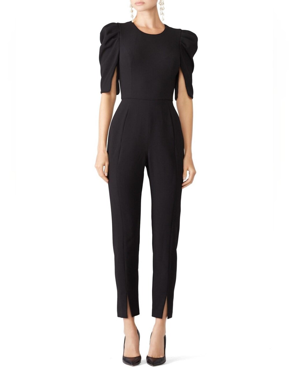Black Halo Russo Jumpsuit Womens 2 Black Puff Sleeve Slim Leg Made USA